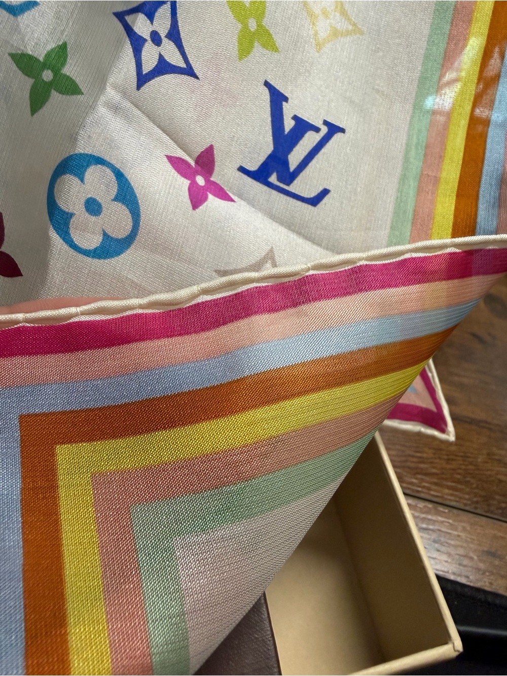 Louis Vuitton White Silk Scarf with Multicolor Monogram W/Box - Picture 4 of 7